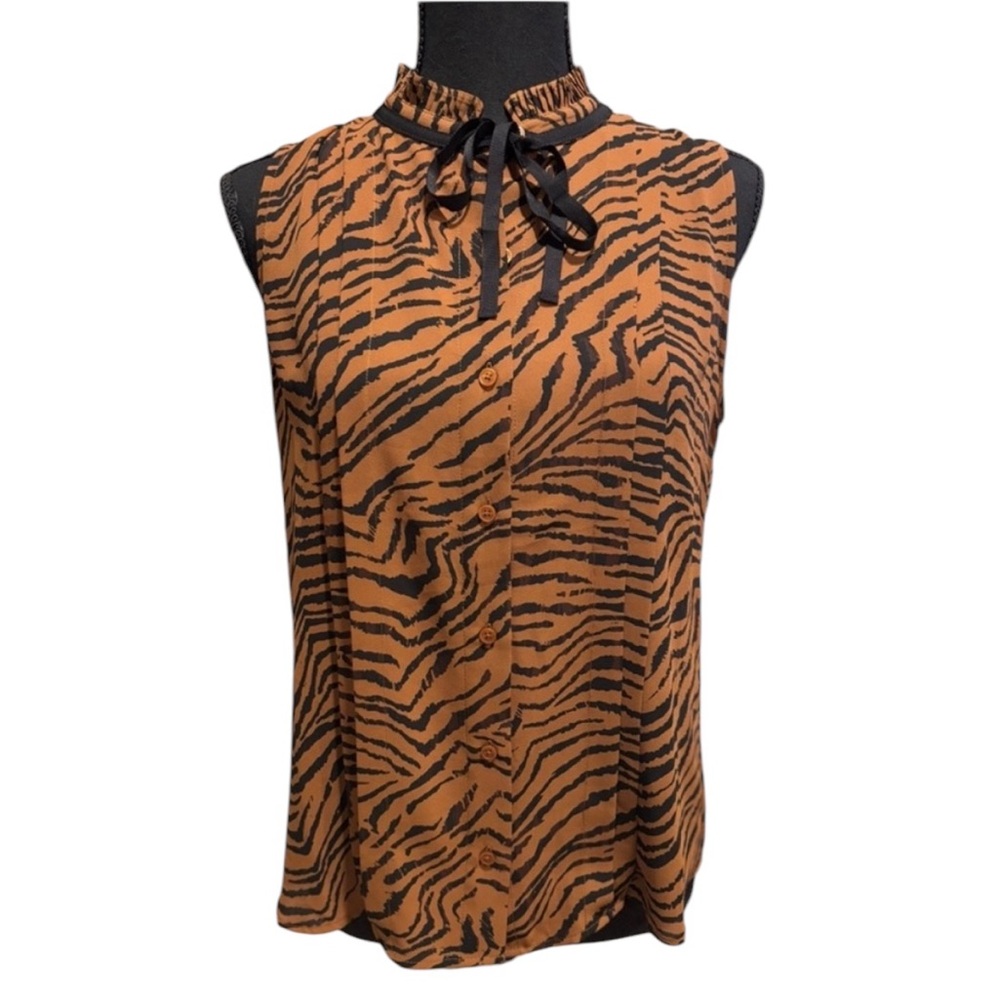 White House Black Market Tiger Print Black Brown Tie Neck Tank Blouse Top XS
